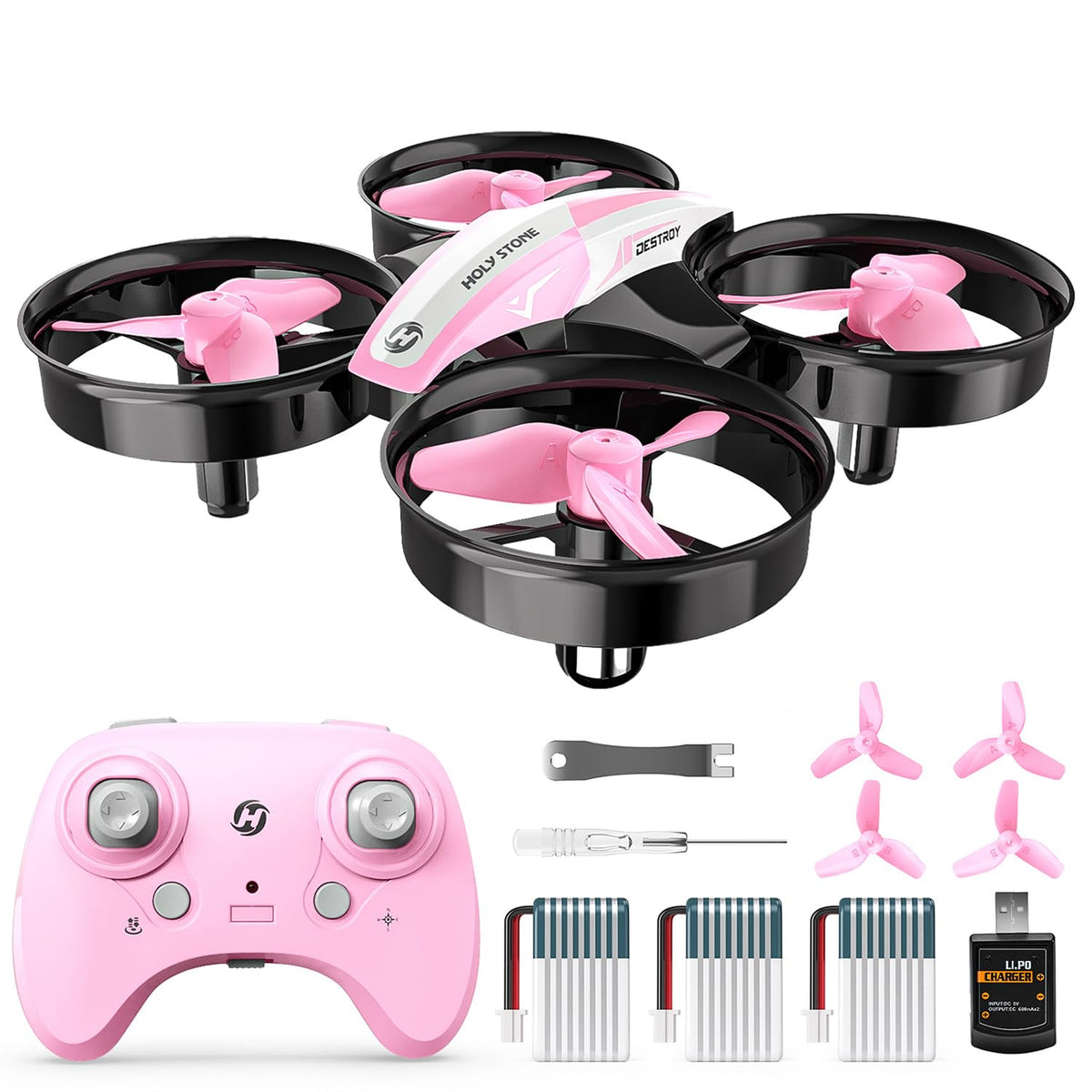 Holy Stone HS210 pink drone close-up, ideal for indoor fun.