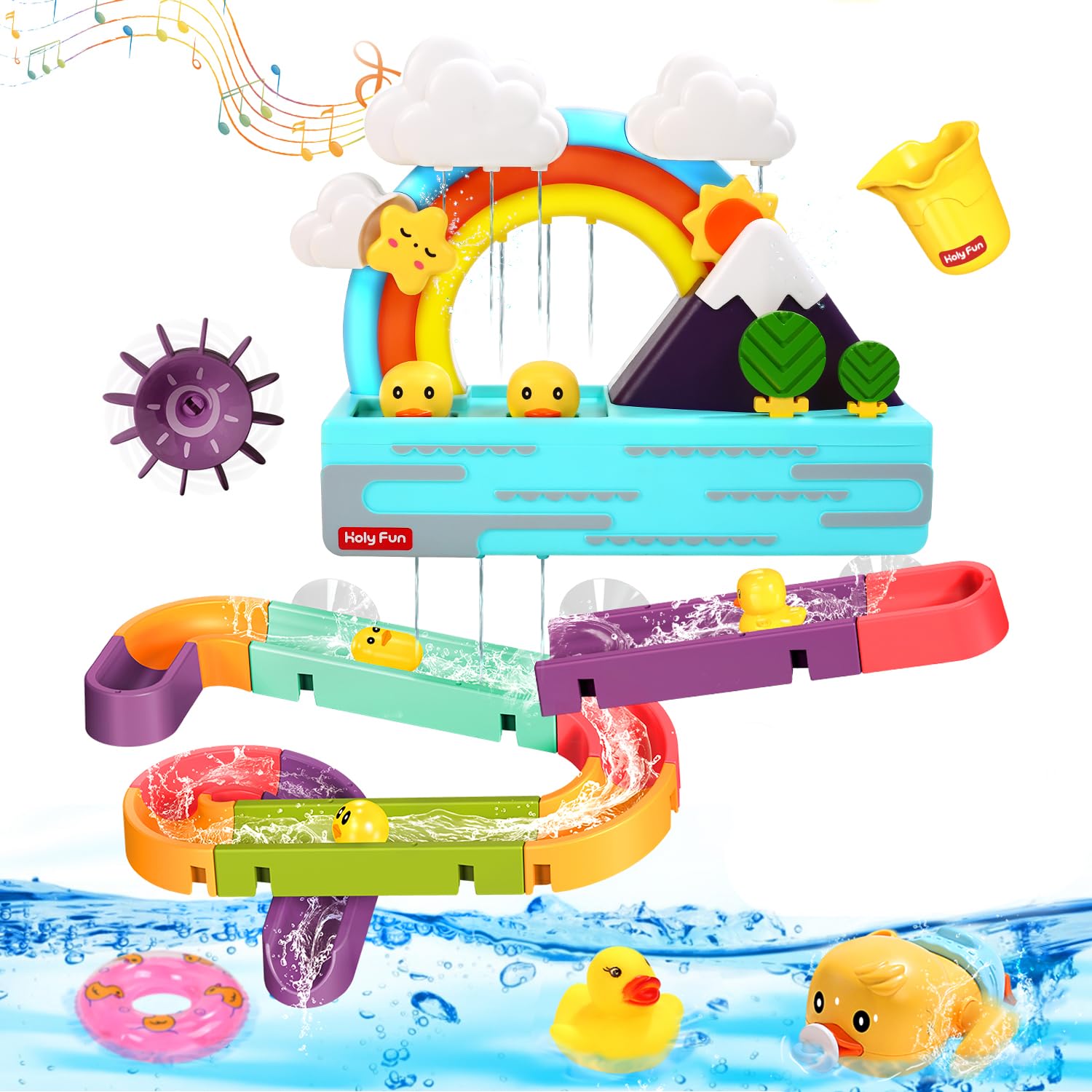 HOLYFUN bath duck toy lights up and plays music with left-side water spin for bath-time fun