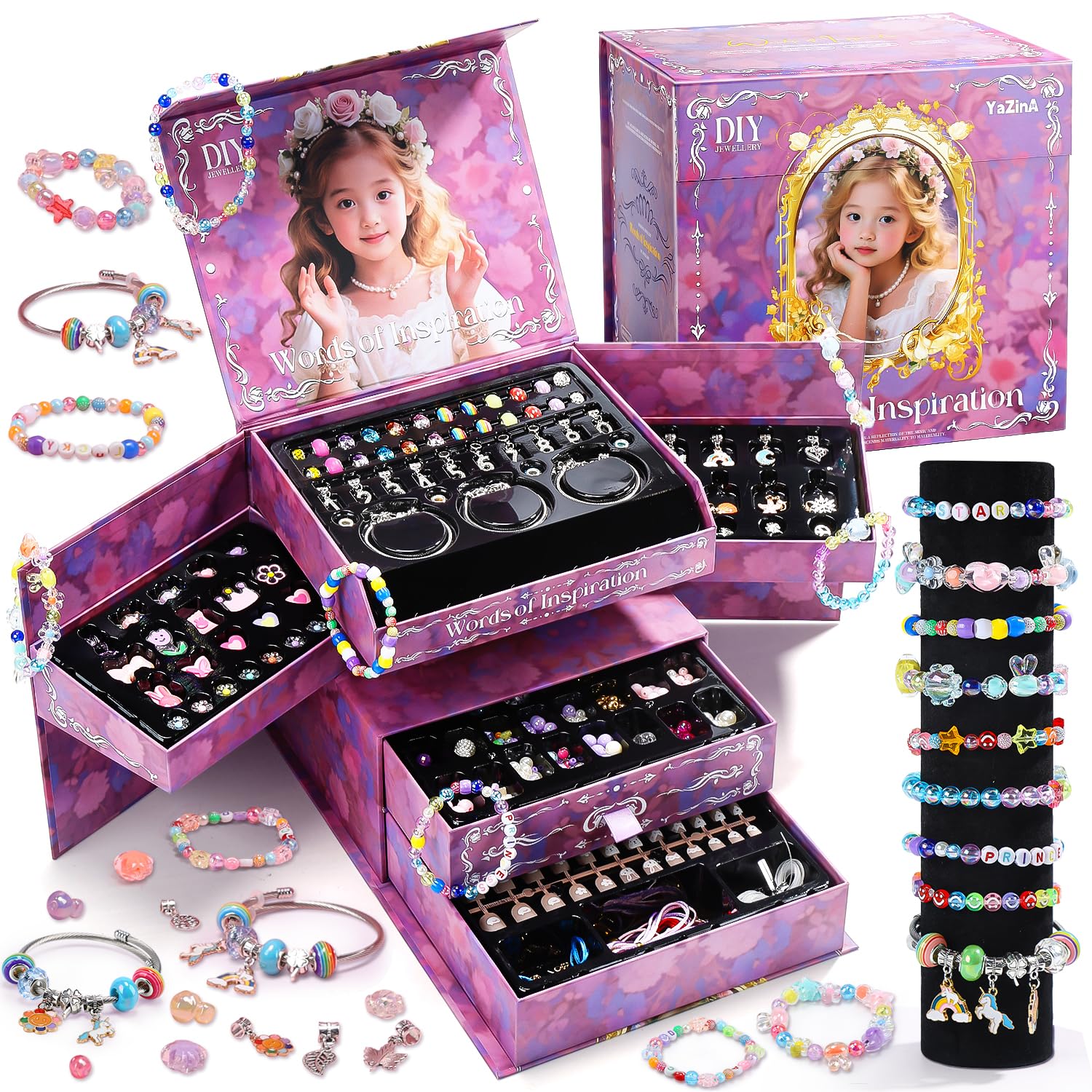 HOLYFUN bracelet-making kit 5-tier storage box keeps beads neatly organized.