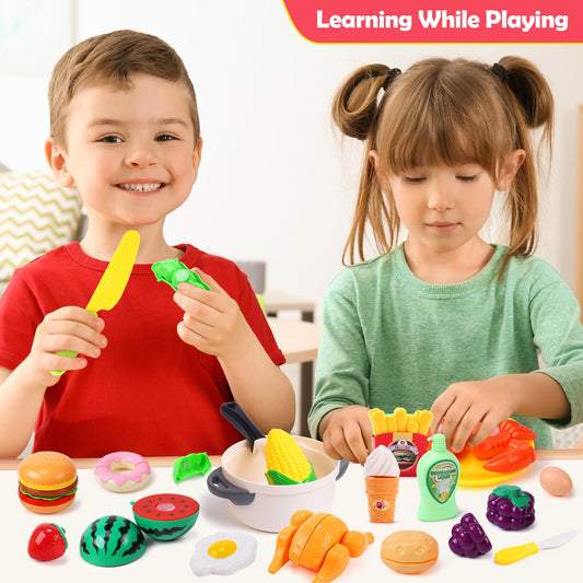 HOLYFUN cutting vegetables with Velcro for safe, realistic chopping play.
