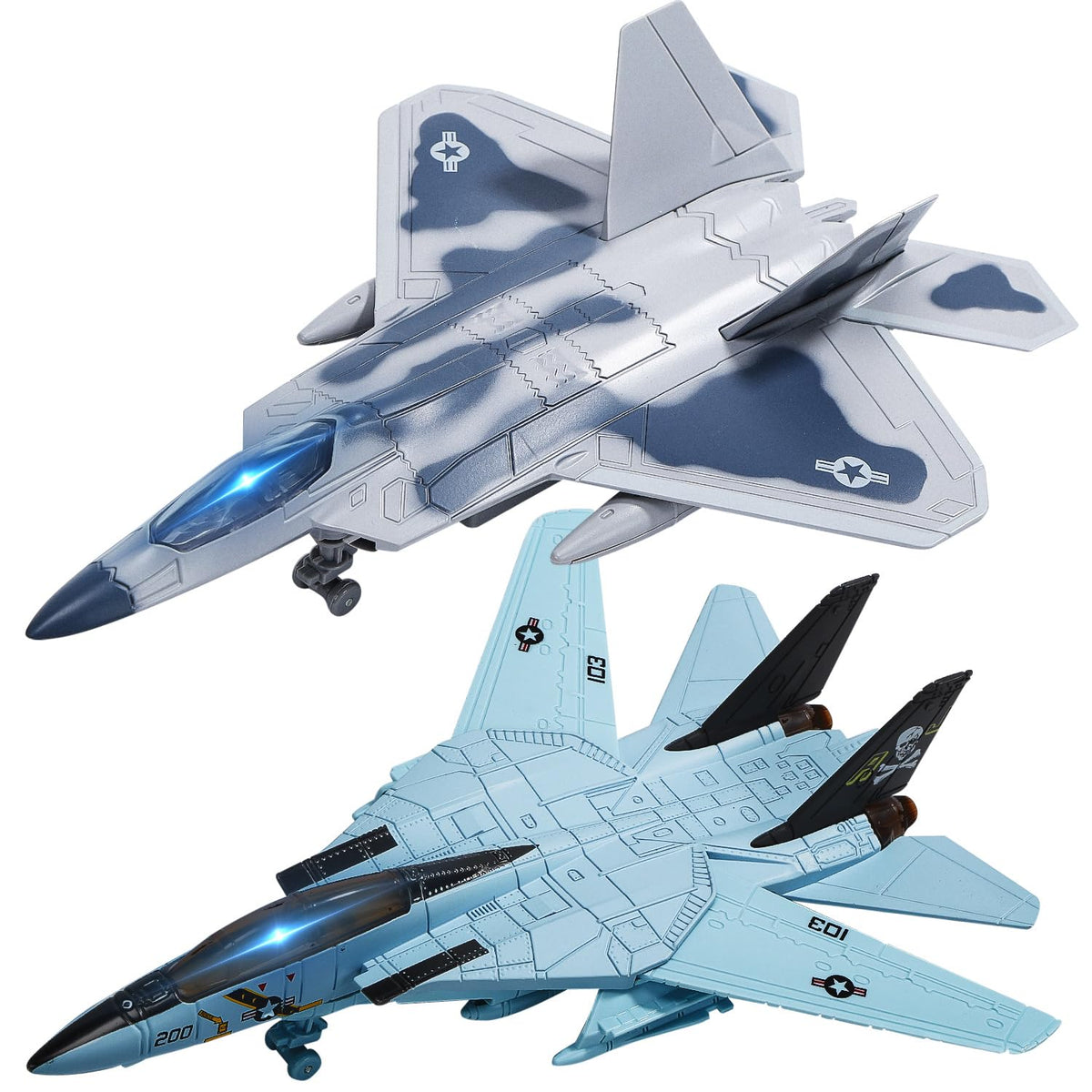 HOLYFUN Double Fighter Jet set with F14 and F22, vivid lights for immersive play.
