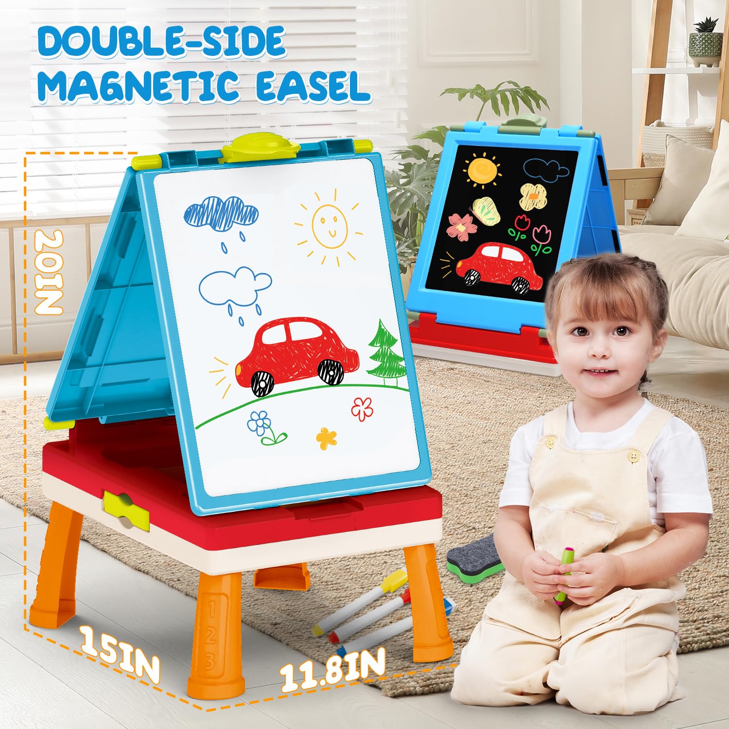 HOLYFUN easel with whiteboard and chalkboard dual surface supports creativity and mess-free writing.