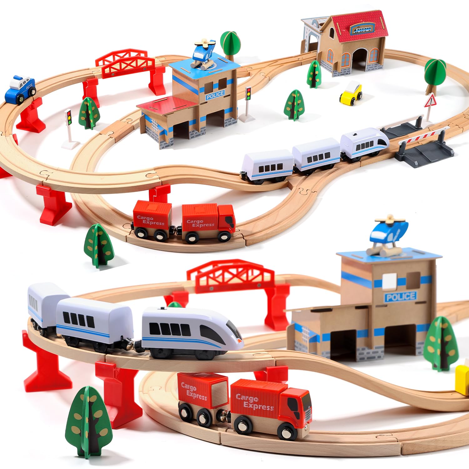 HOLYFUN electric toddler wooden train set with 88 pieces for imaginative play.
