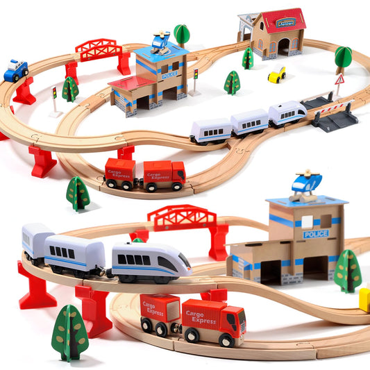 HOLYFUN electric toddler wooden train set with 88 pieces for imaginative play.