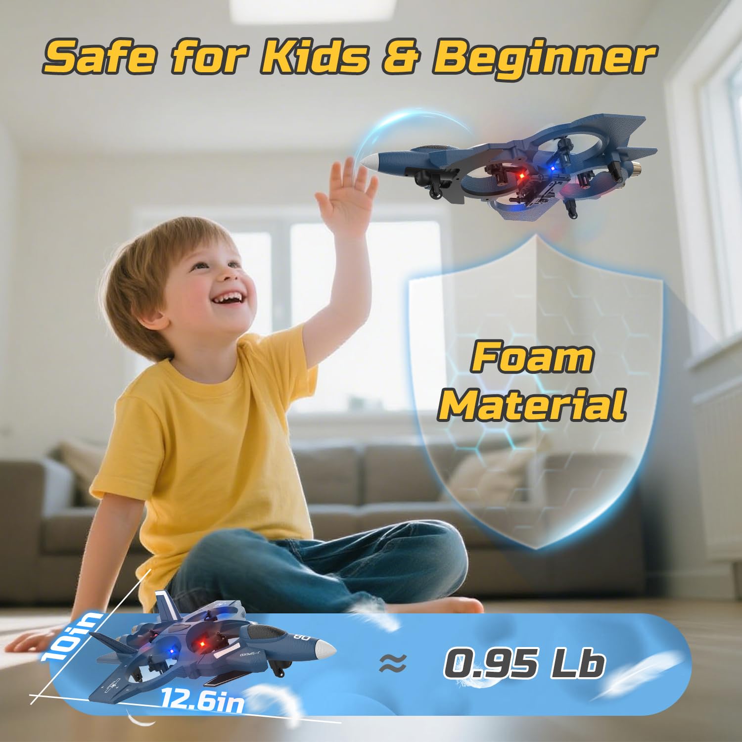 HOLYFUN Foam Fighter Jet Drone dual batteries extend playtime with 12 minutes total.
