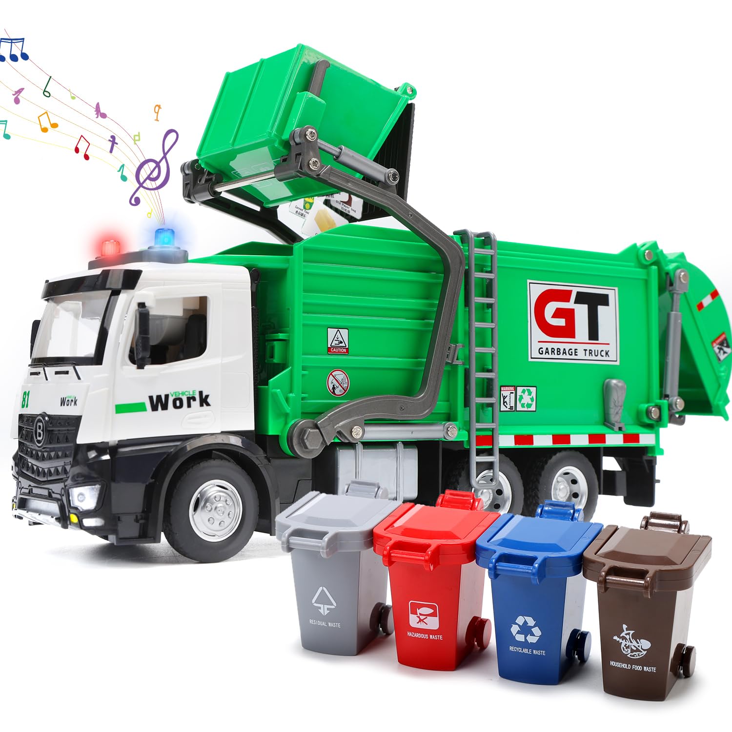 HOLYFUN garbage truck toy front view with lights and sounds for engaging pretend play
