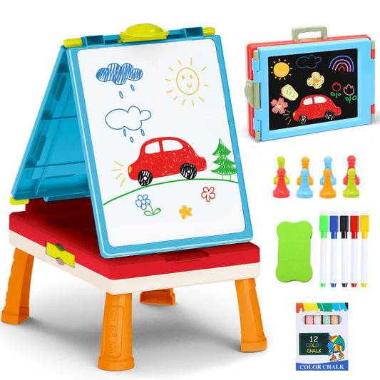 HOLYFUN kids art easel foldable double-sided tabletop for collaborative drawing sessions.