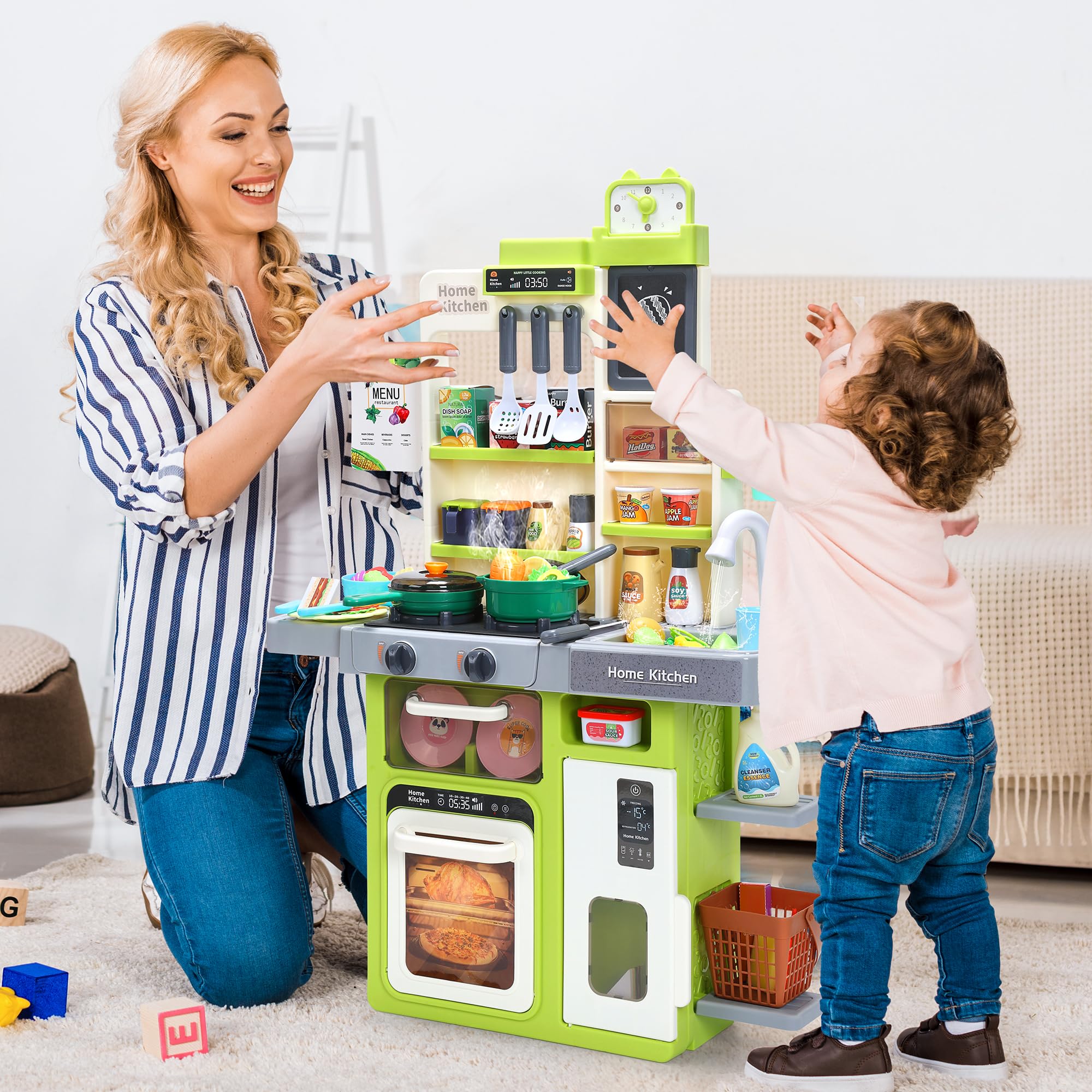 HOLYFUN Kids Kitchen Playset shopping basket for pretend grocery shopping