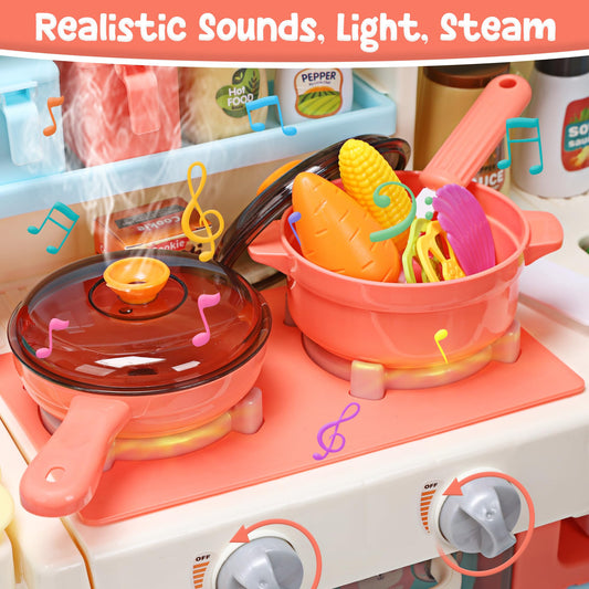 HOLYFUN Kids Kitchen Playset sink with water, teaching pretend rinsing and cleanup.