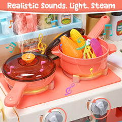 HOLYFUN Kids Kitchen Playset sink with water, teaching pretend rinsing and cleanup.