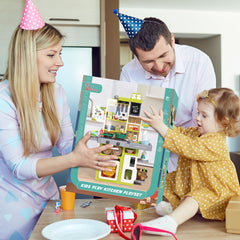 HOLYFUN Kids Kitchen Playset storage shelves keep toys tidy and accessible