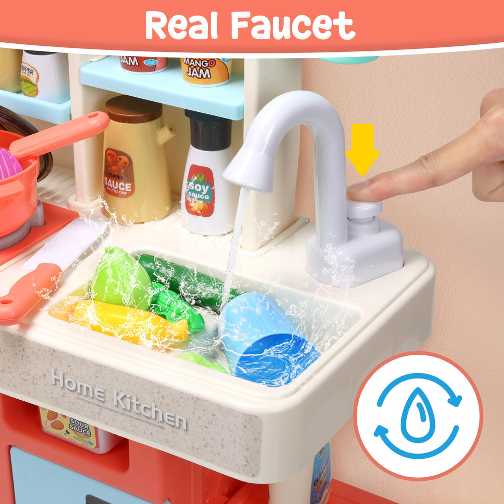 HOLYFUN Kids Kitchen Playset stove with lights and sounds for realistic cooking.