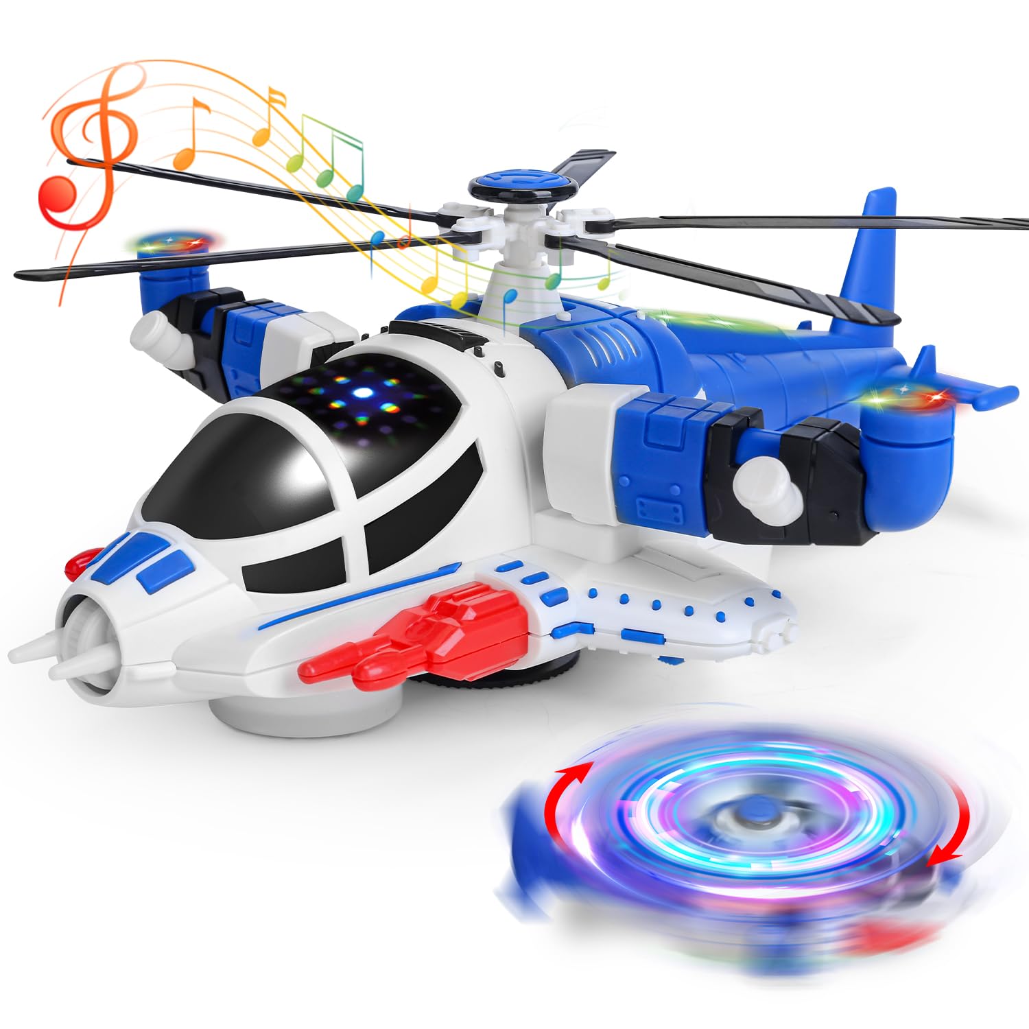HOLYFUN light-up helicopter toy demonstrating 360° rotation for engaging play.