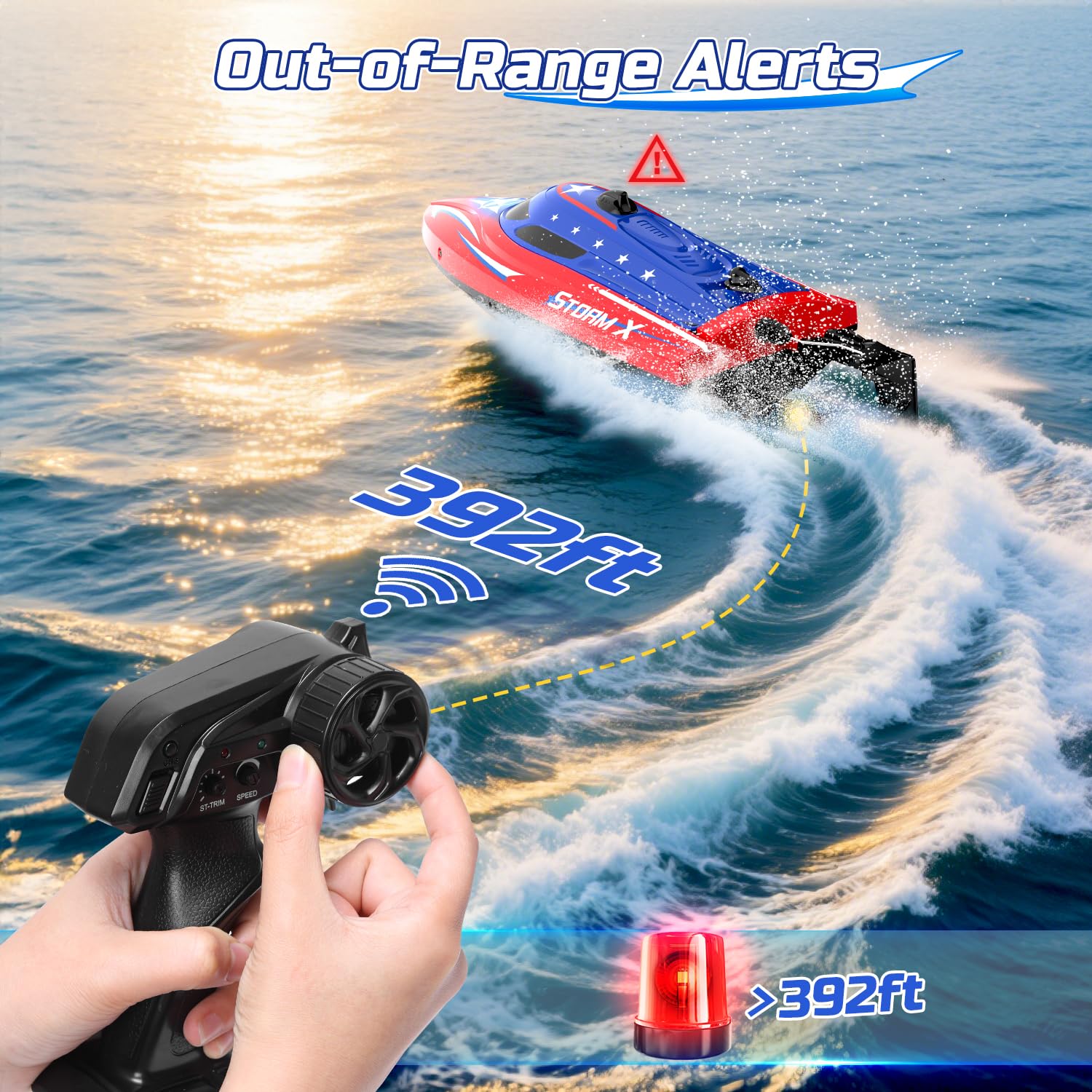 HOLYFUN RC boat with 2.4GHz range up to 392 ft for smooth racing.