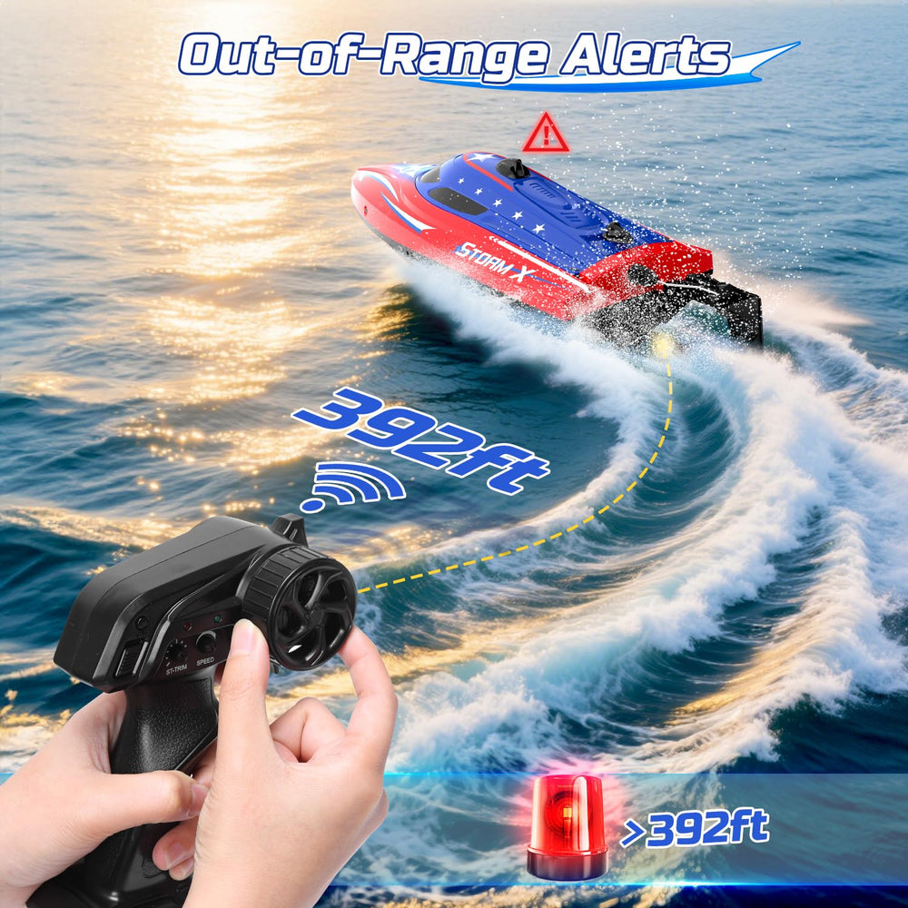 HOLYFUN RC boat with 2.4GHz range up to 392 ft for smooth racing.