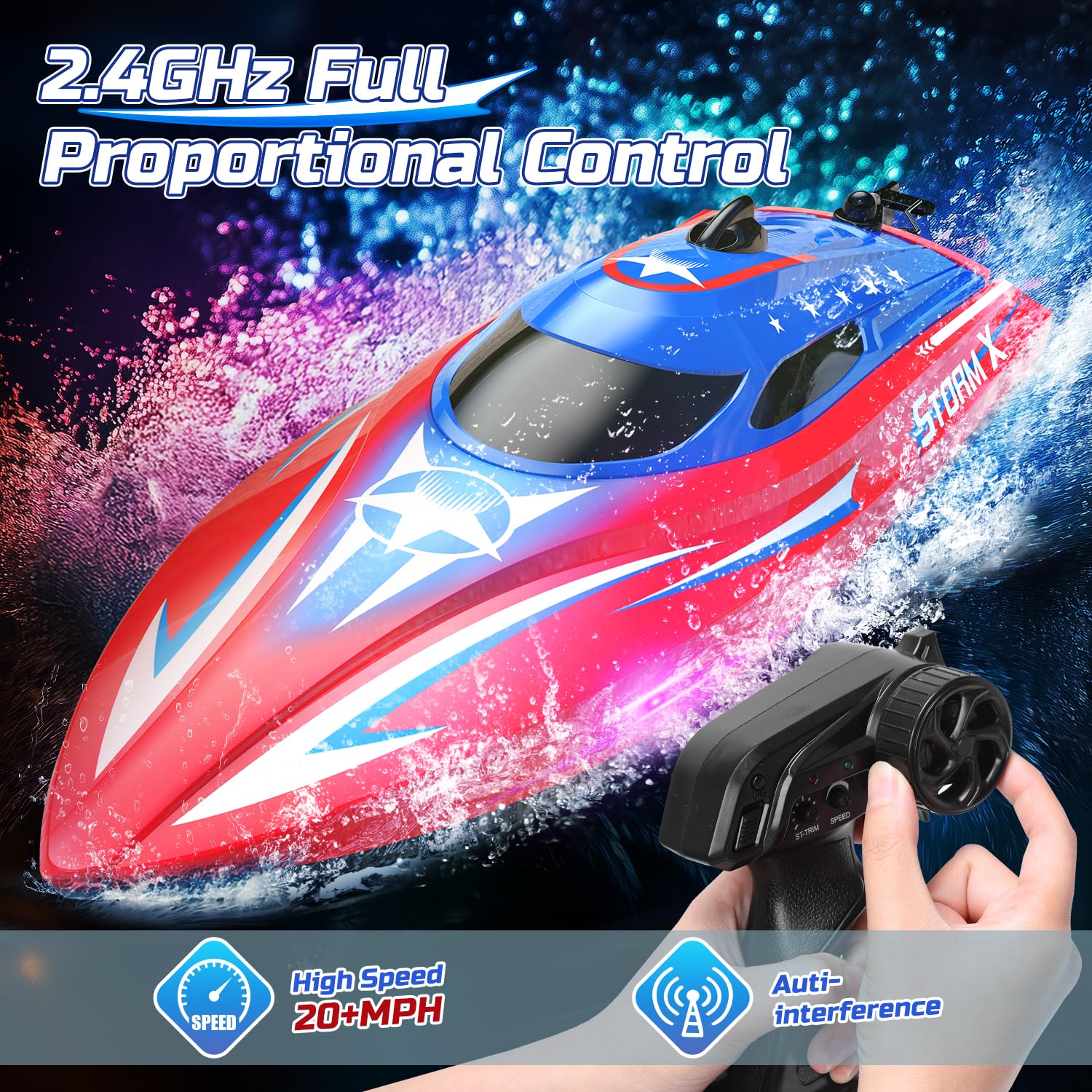 HOLYFUN RC boat at 20 MPH+ speed for thrilling lake races.