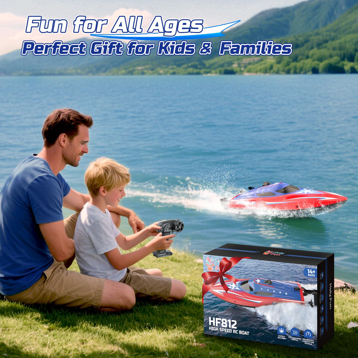 HOLYFUN RC boat in demo mode showing autonomous performance for practice.