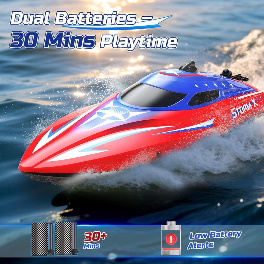 HOLYFUN dual-battery RC boat providing extended playtime up to 30 minutes.