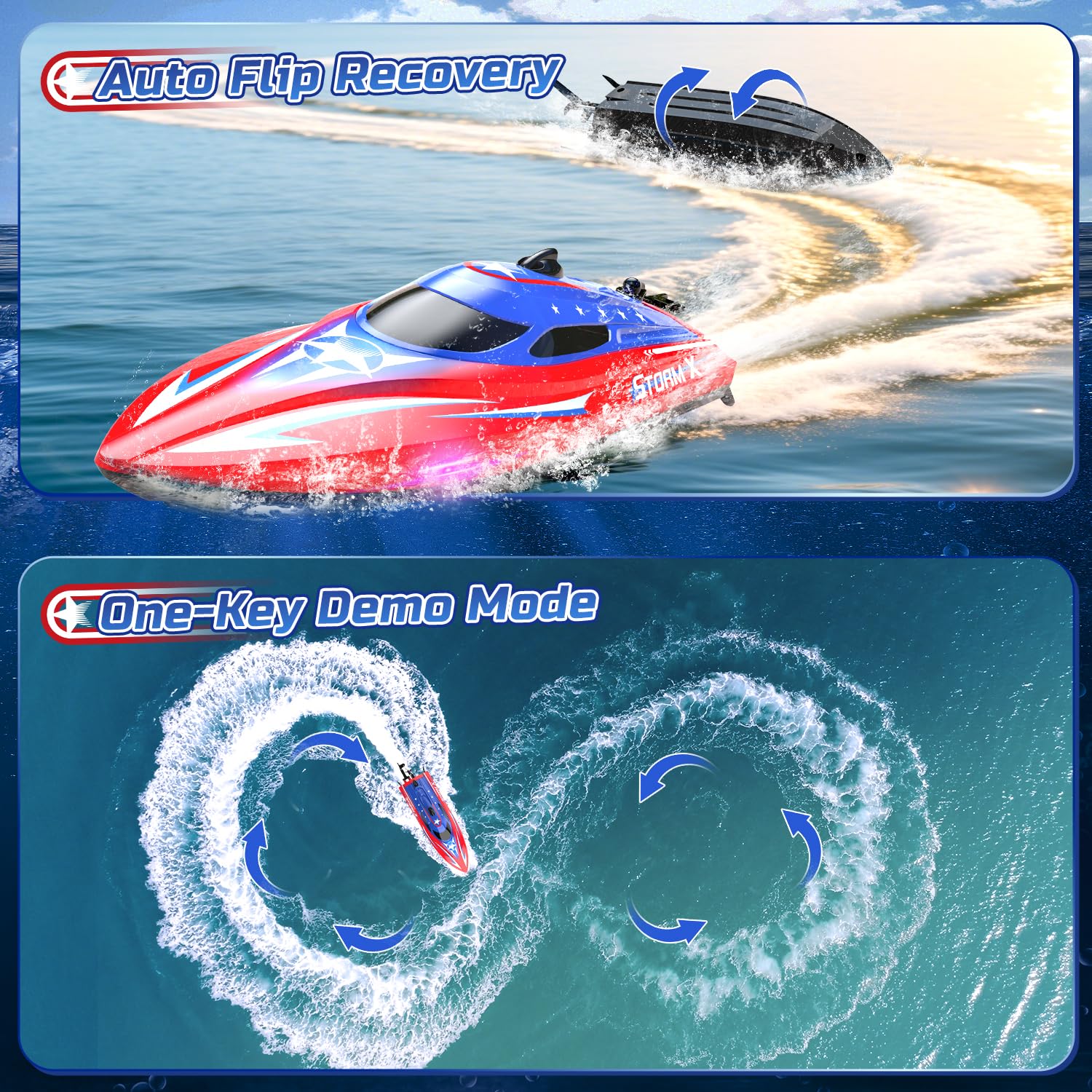 HOLYFUN waterproof RC boat with self-righting feature after a splashy bobble.