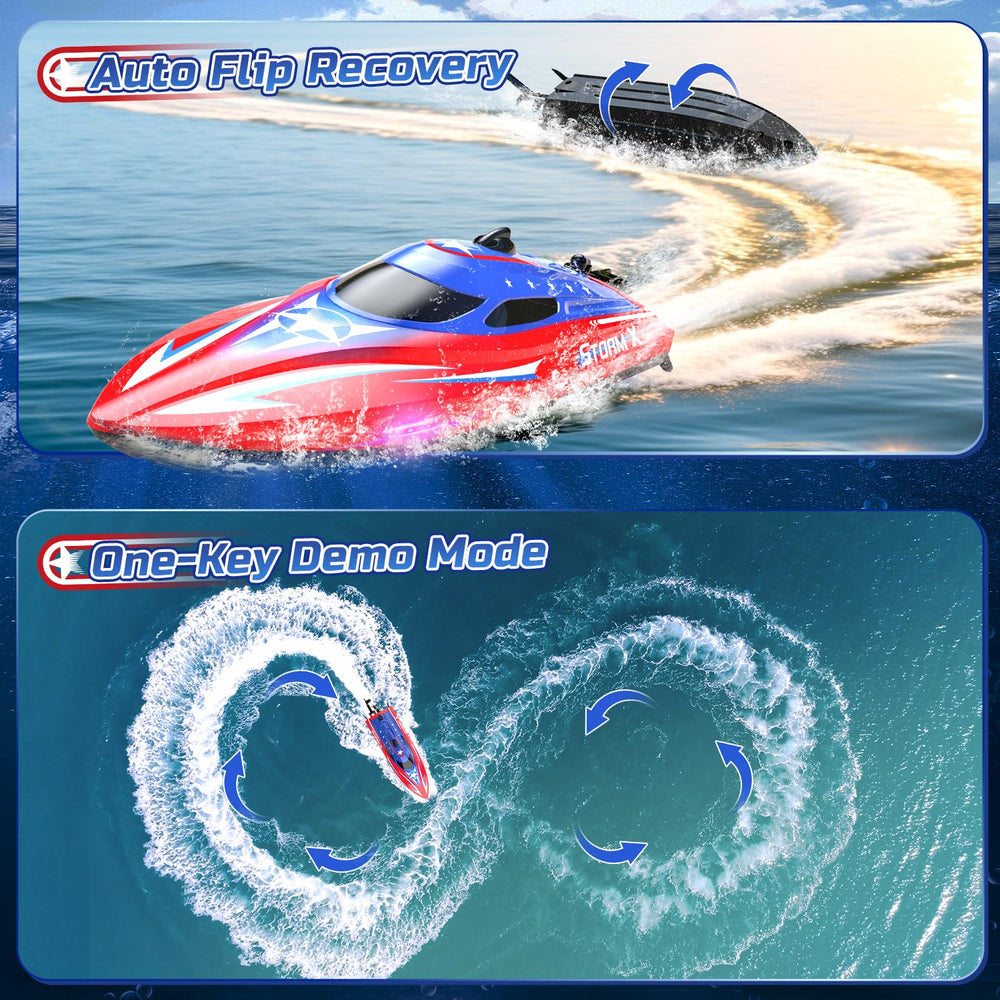 HOLYFUN waterproof RC boat with self-righting feature after a splashy bobble.