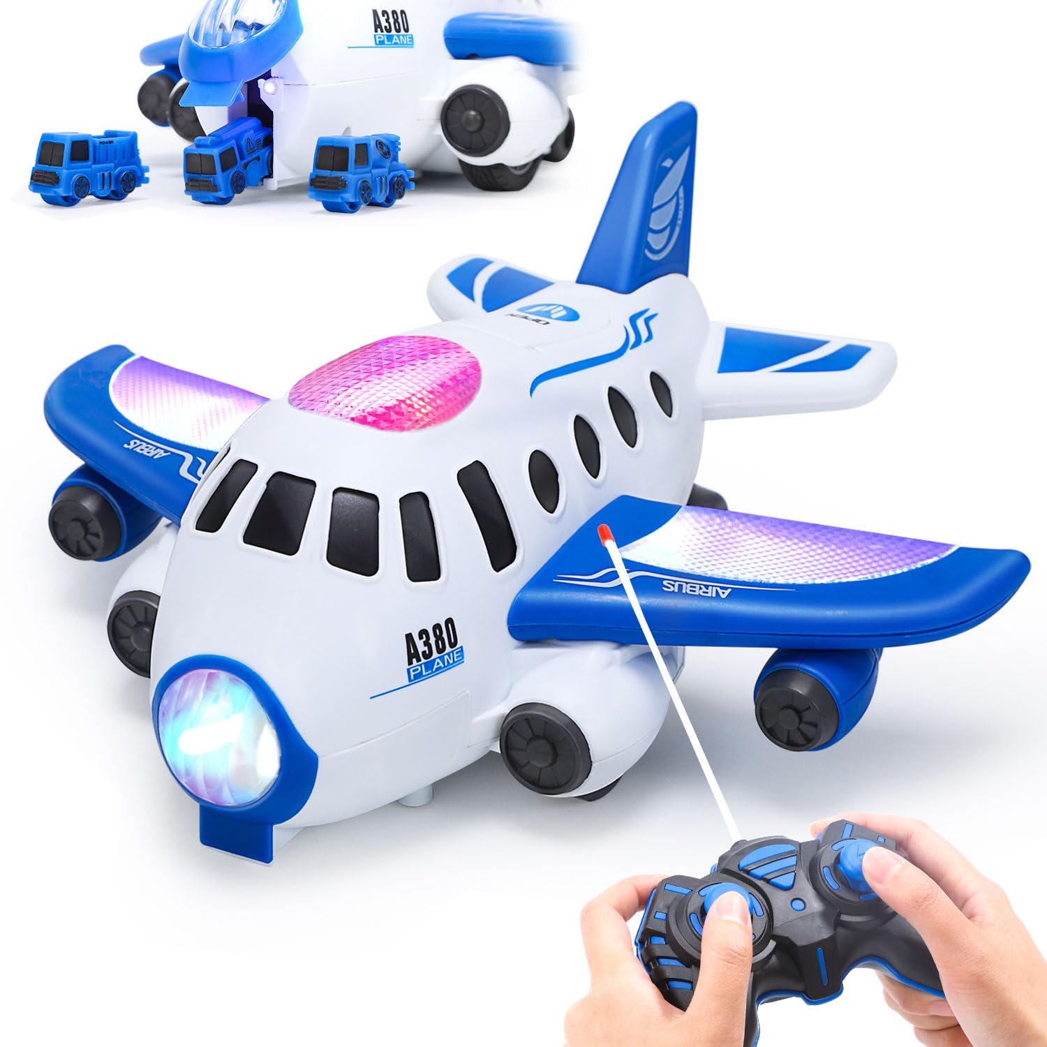 HOLYFUN toddler airplane toy with mini cars, front view for imaginative play and coordination.