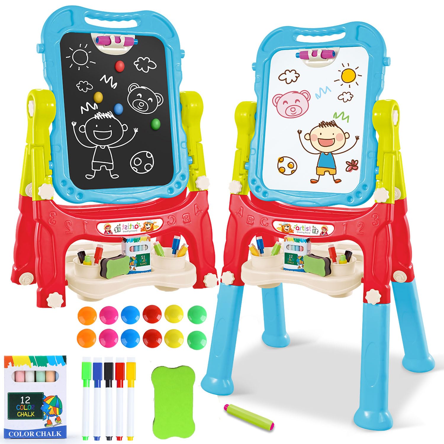 HOLYFUN toddler easel 360-rotate-double-sided board enables shared creativity.