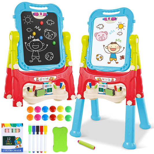 HOLYFUN toddler easel 360-rotate-double-sided board enables shared creativity.