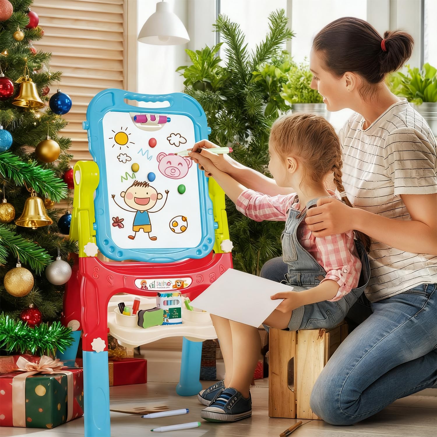 HOLYFUN toddler easel magnetic accessory holder keeps brushes organized.