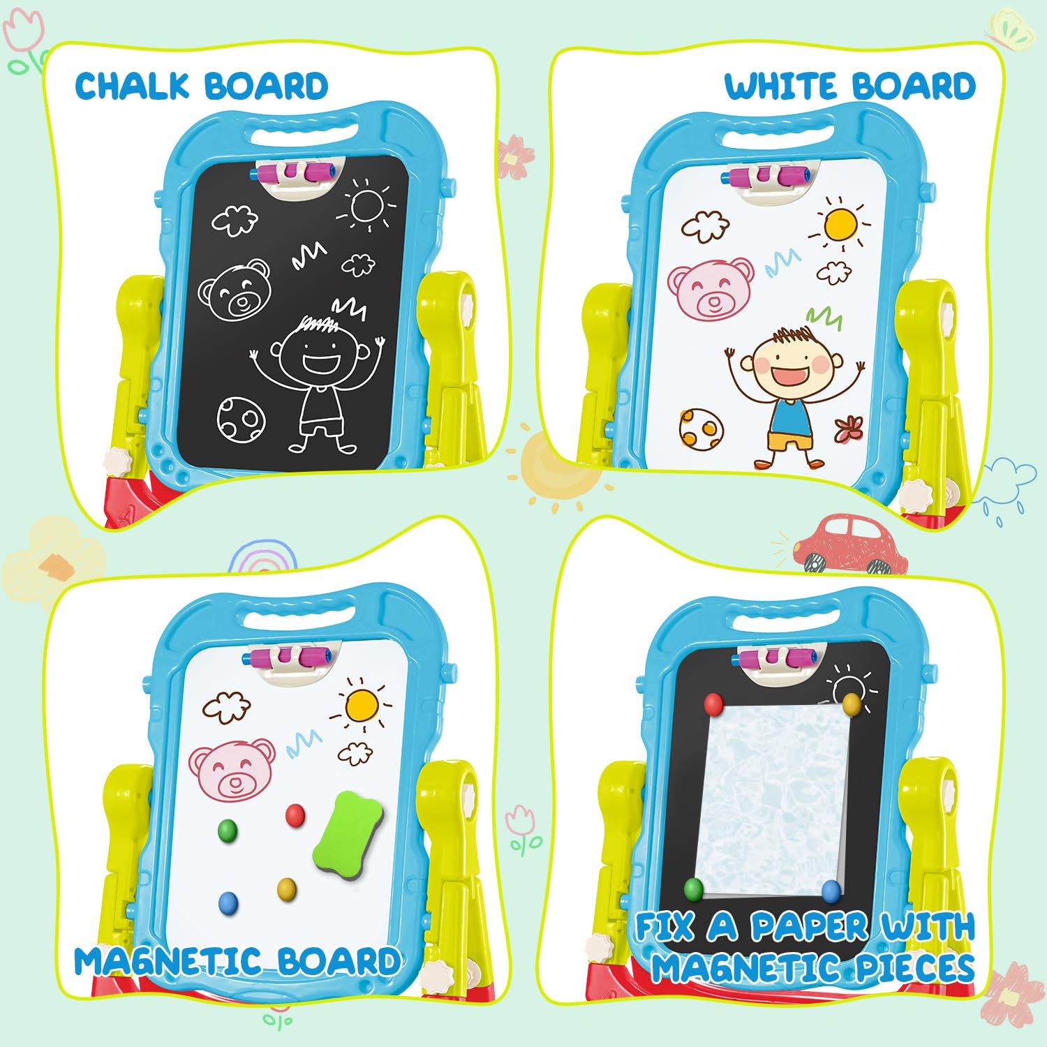 HOLYFUN toddler easel stable triangular base reduces tipping for safe play.