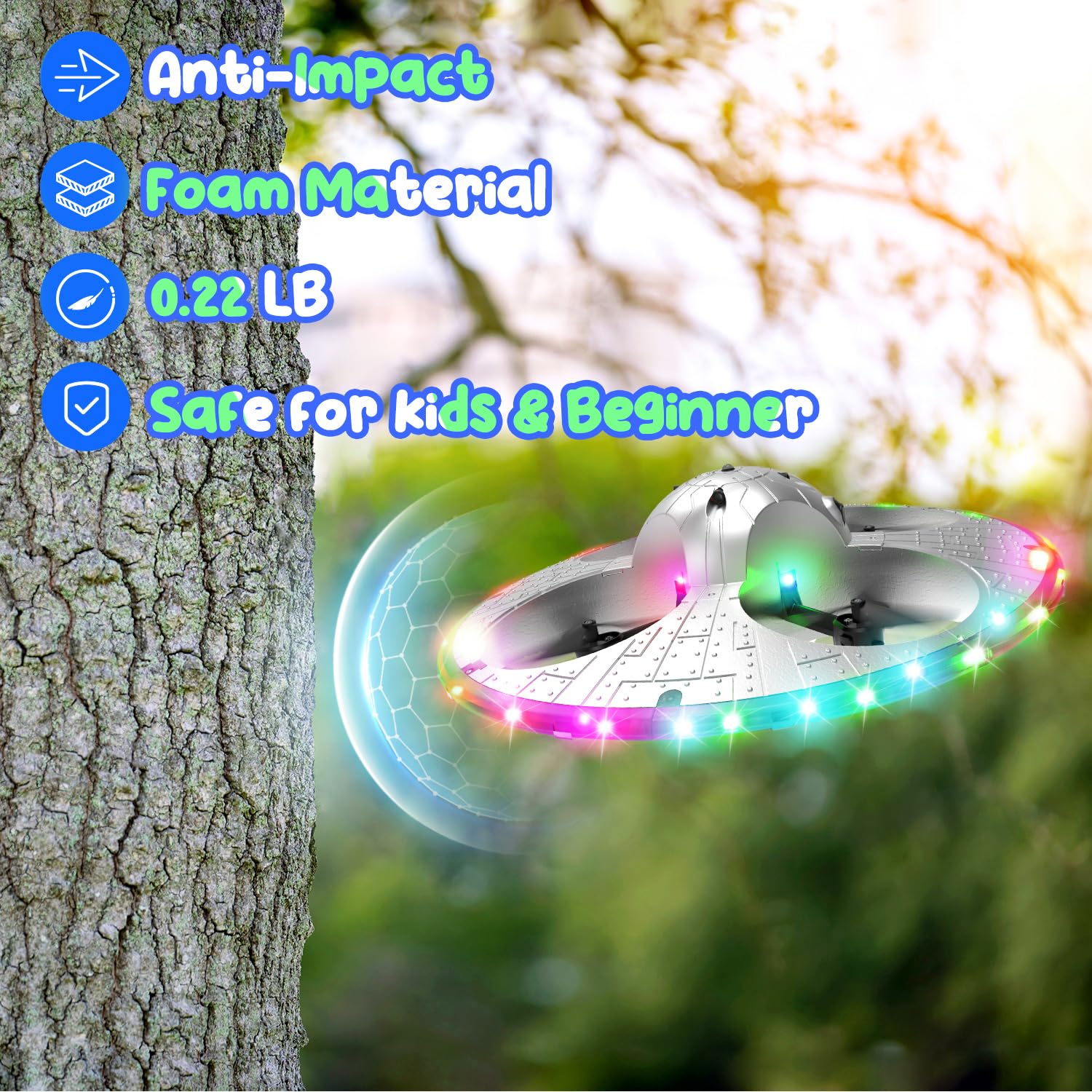 HOLYFUN Foam UFO Drone 360° flips for creative play.