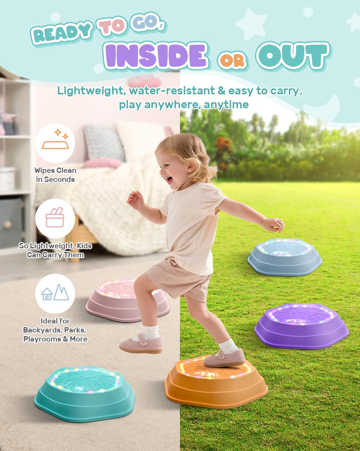 Holyton Music Light-Up Stepping Stones pink color variety aids color learning.