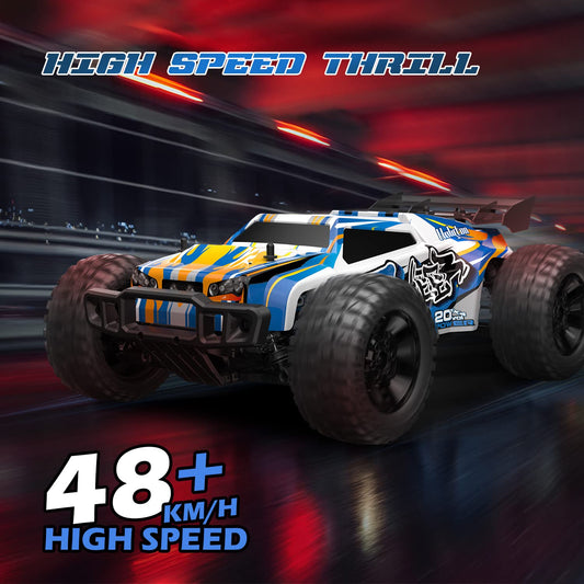 Holyton RC car 4WD metal shocks absorb bumps on rugged terrain.
