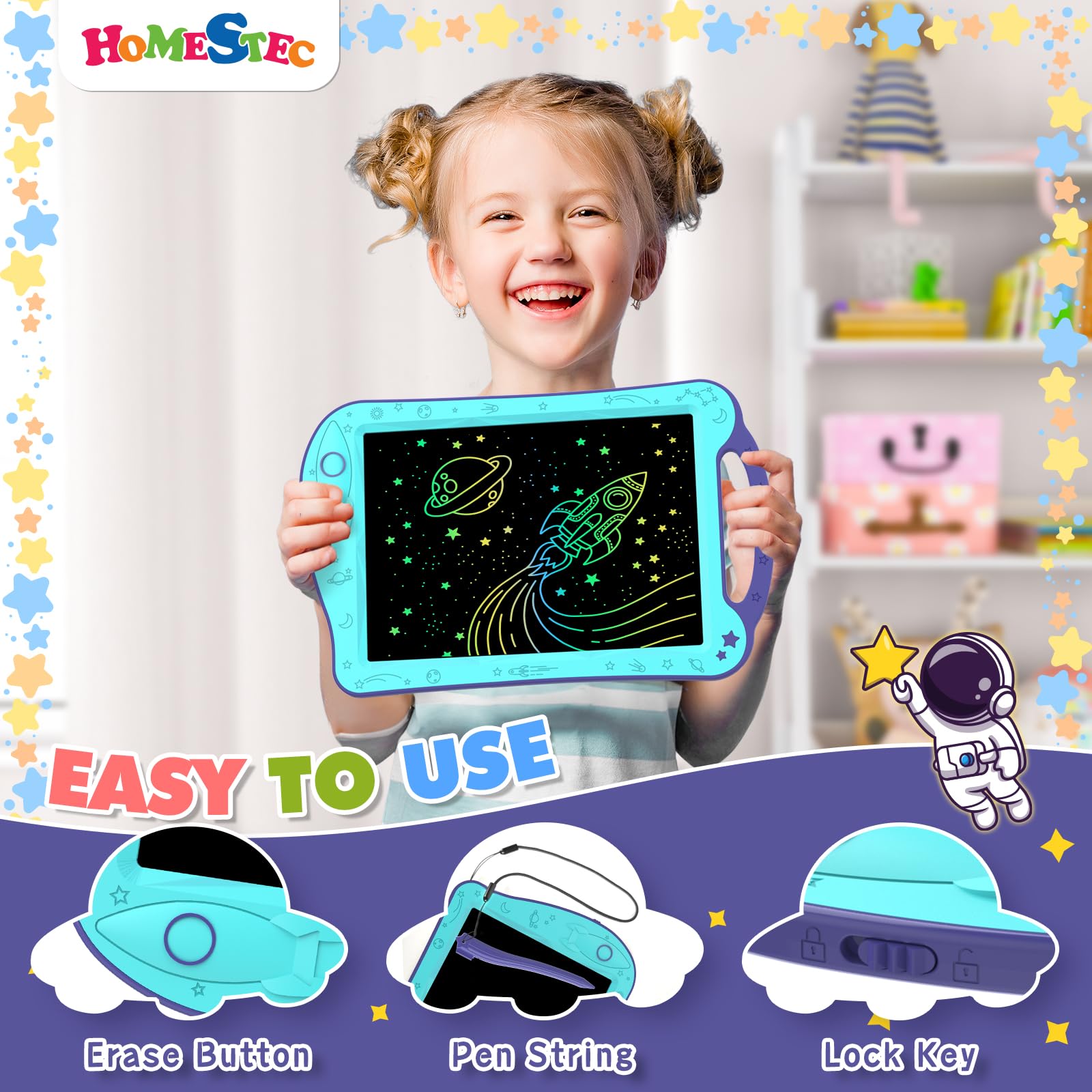 HOMESTEC Astrodraw colorful LCD tablet with kid-friendly visuals to spark imagination