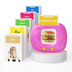 HOMESTEC Toddlers Talking Flash Cards pink cover with vibrant illustrations for word recognition.