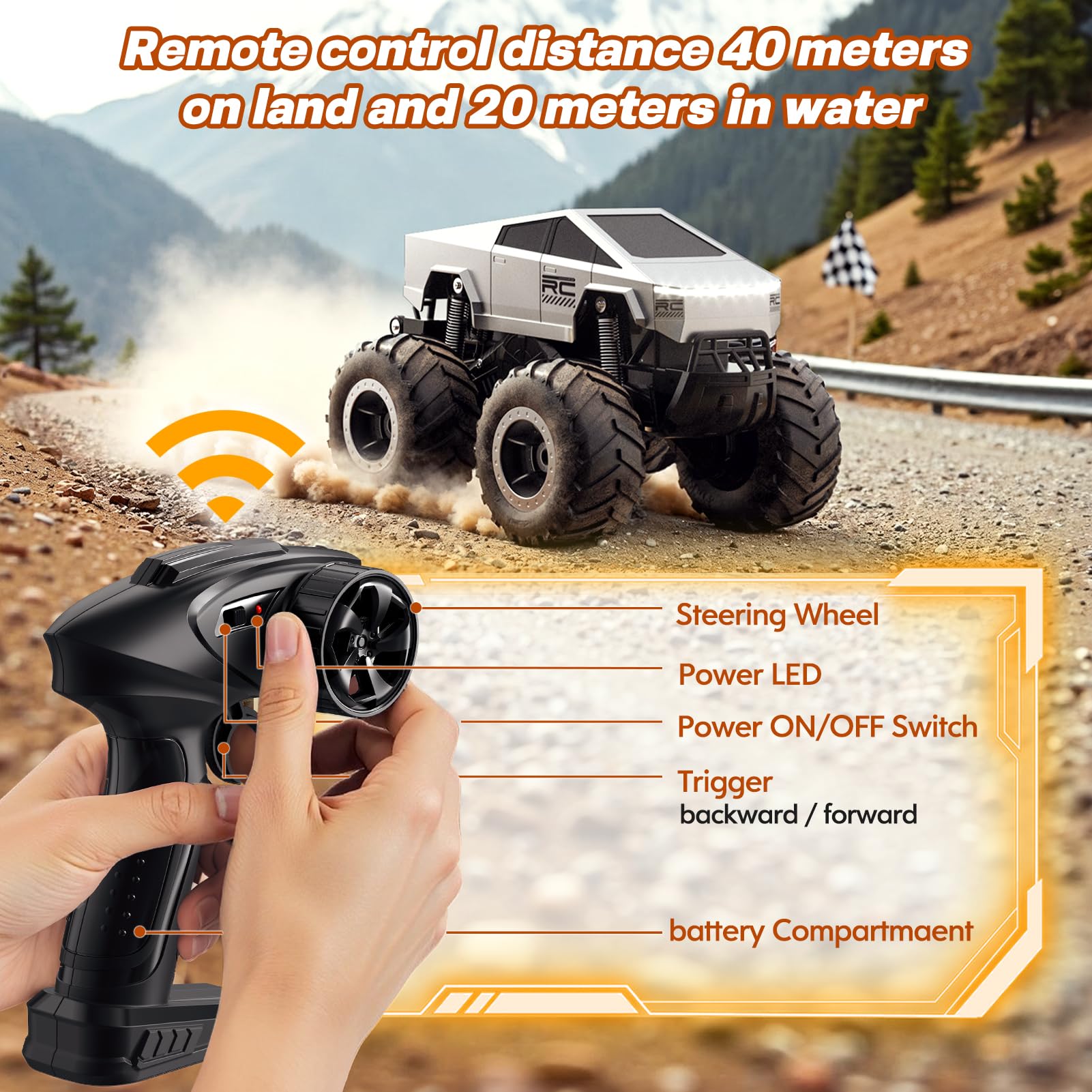 HOMETALL dual-motor RC truck close-up shows powerful acceleration.