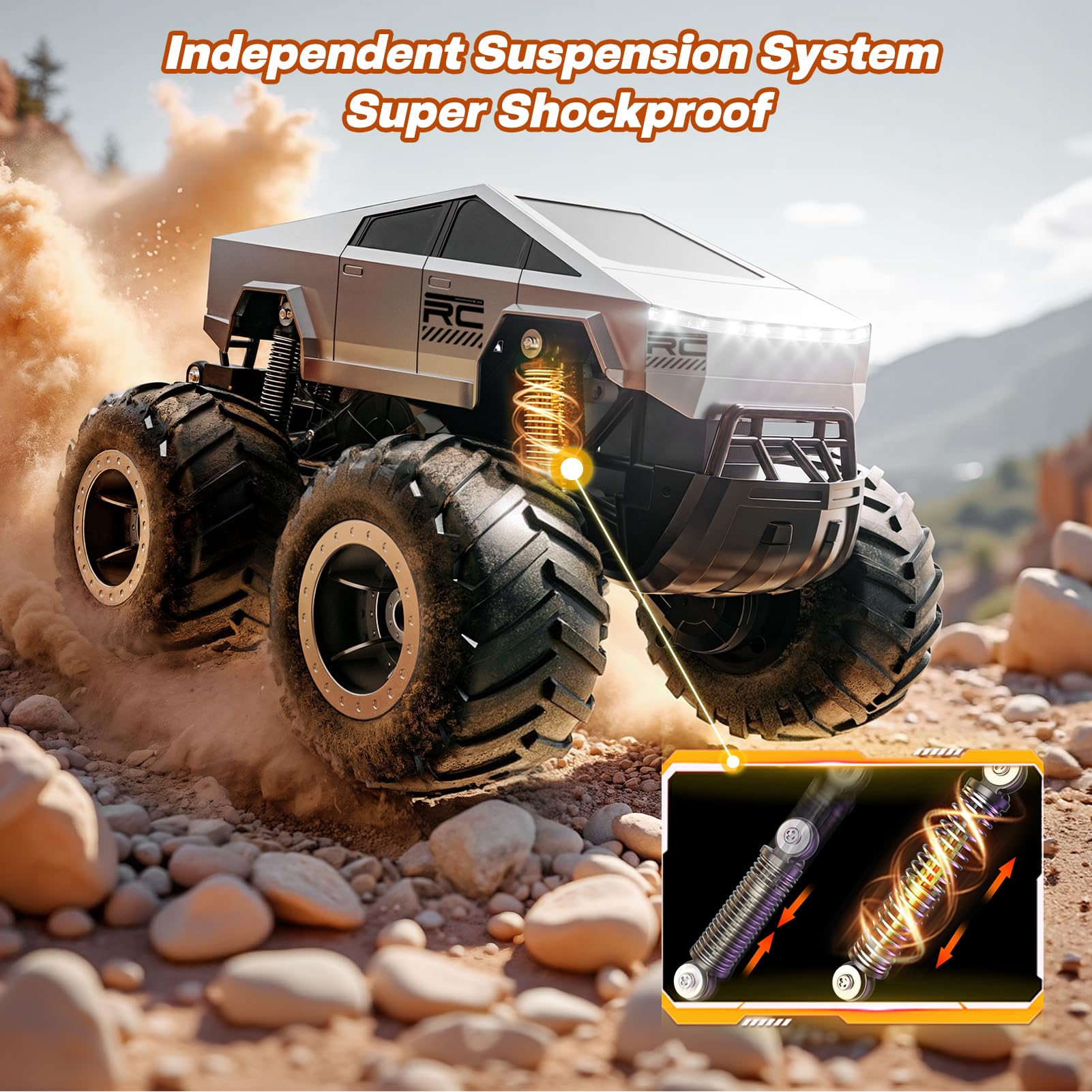 HOMETALL LED lights on the RC truck improve nighttime visibility.