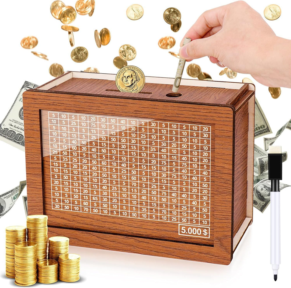 Homgaty wooden money box with the 5,000-dollar goal chart for progress.