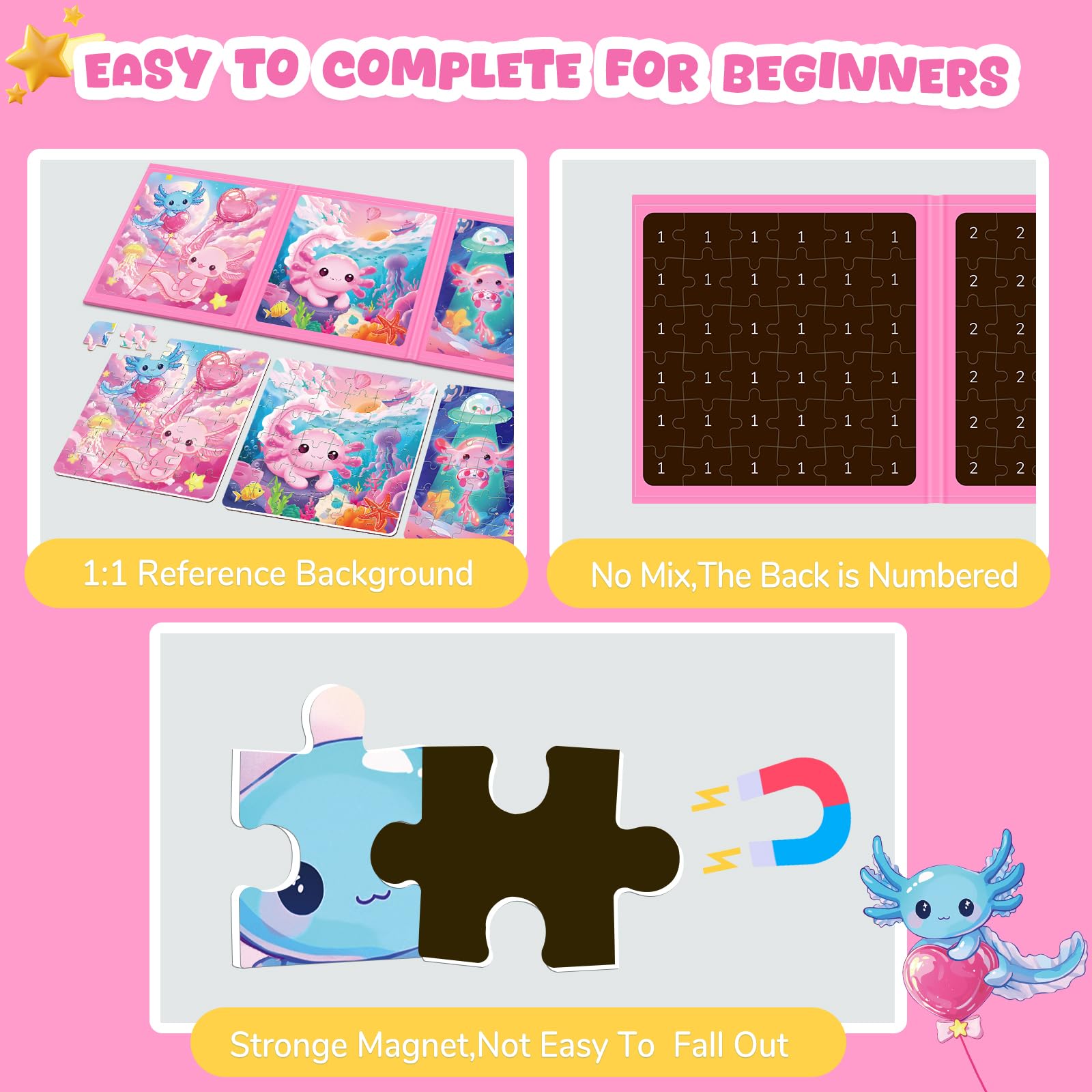 Homicozy axolotl puzzle magnets keep pieces aligned during handling.