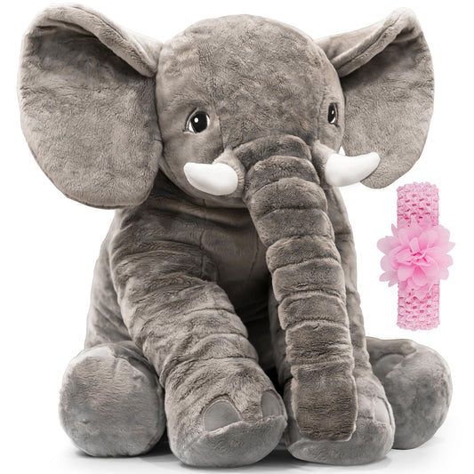 Homily big stuffed elephant 24in front view; a plush cuddle buddy for kids.