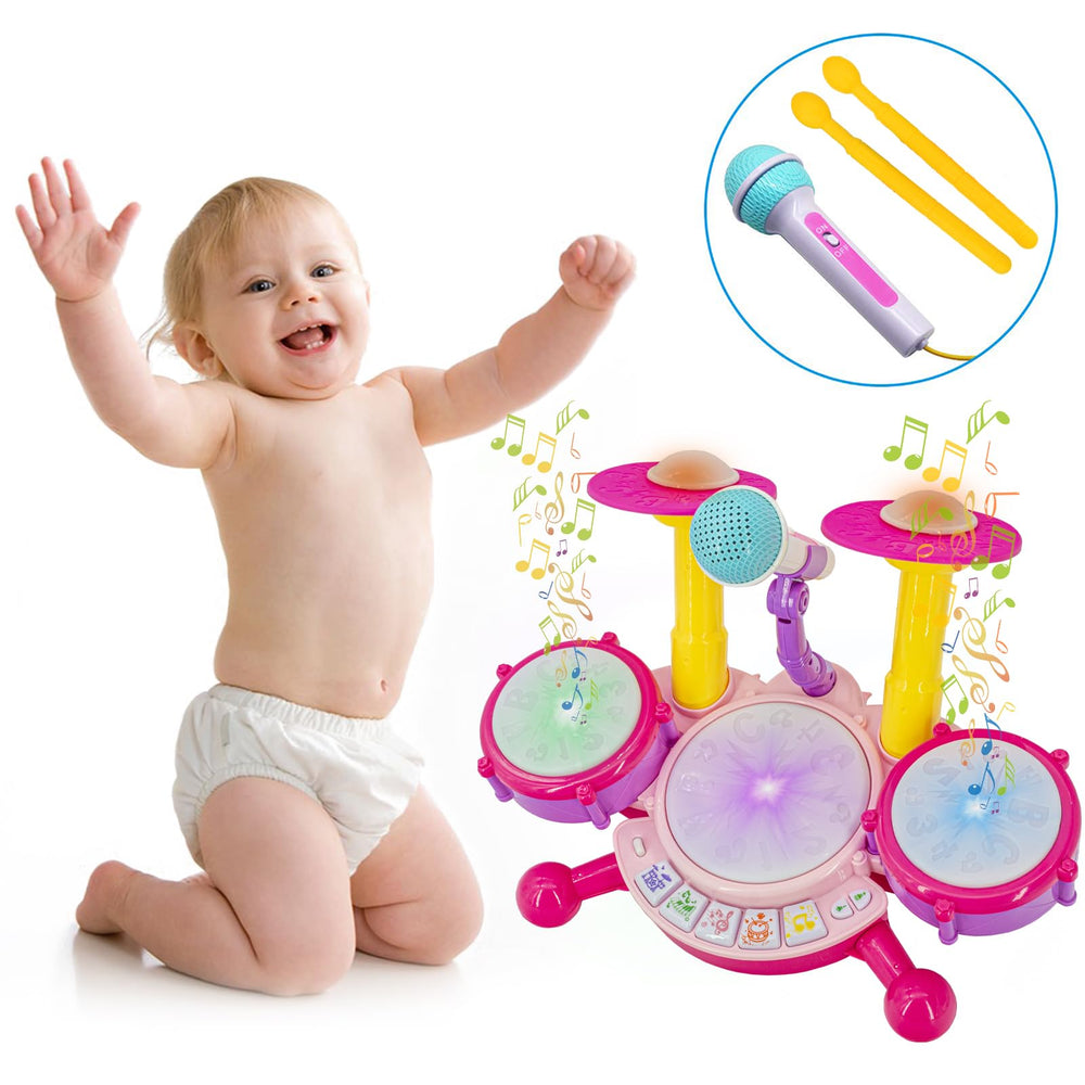 Homily pink drum set makes a great gift for toddlers and encourages early learning.