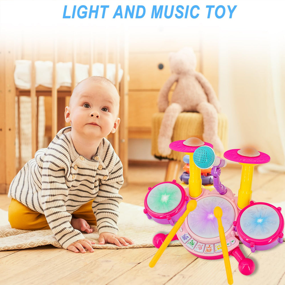 Homily pink drum set with flashing LED lights enhances rhythm practice and visual fun.