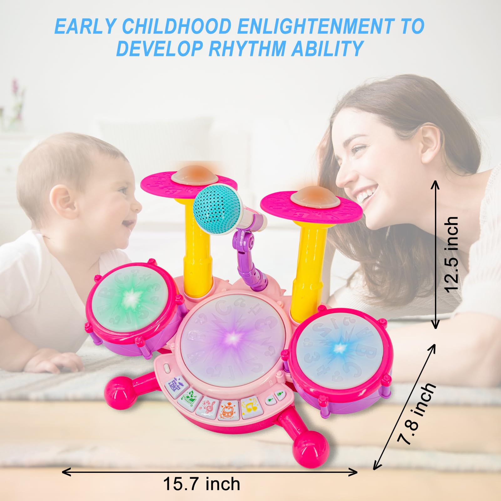 Homily pink drum set includes multiple songs and sound effects to spark creativity.