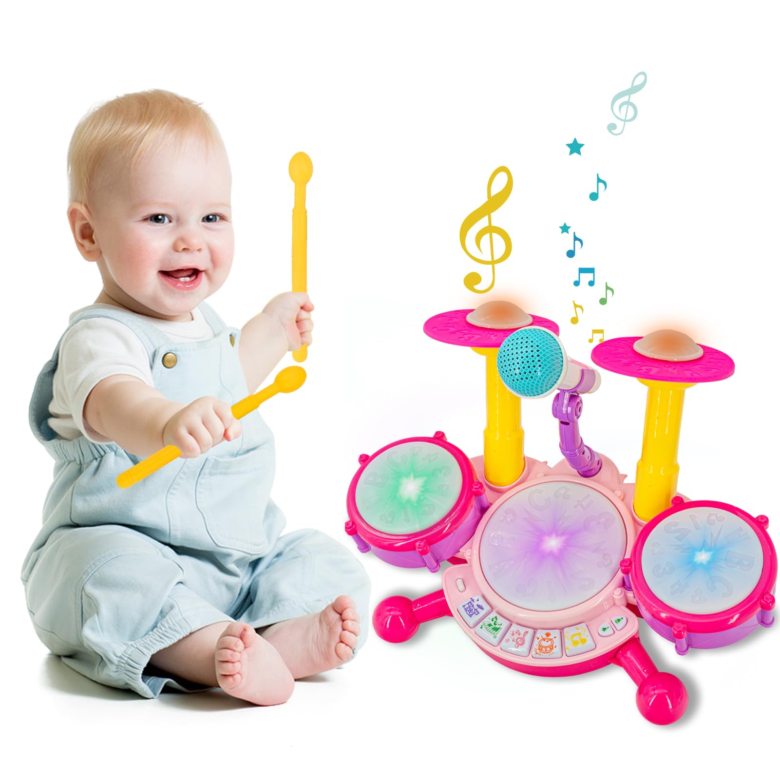 Homily pink drum set uses safe ABS materials with rounded edges for worry-free play.