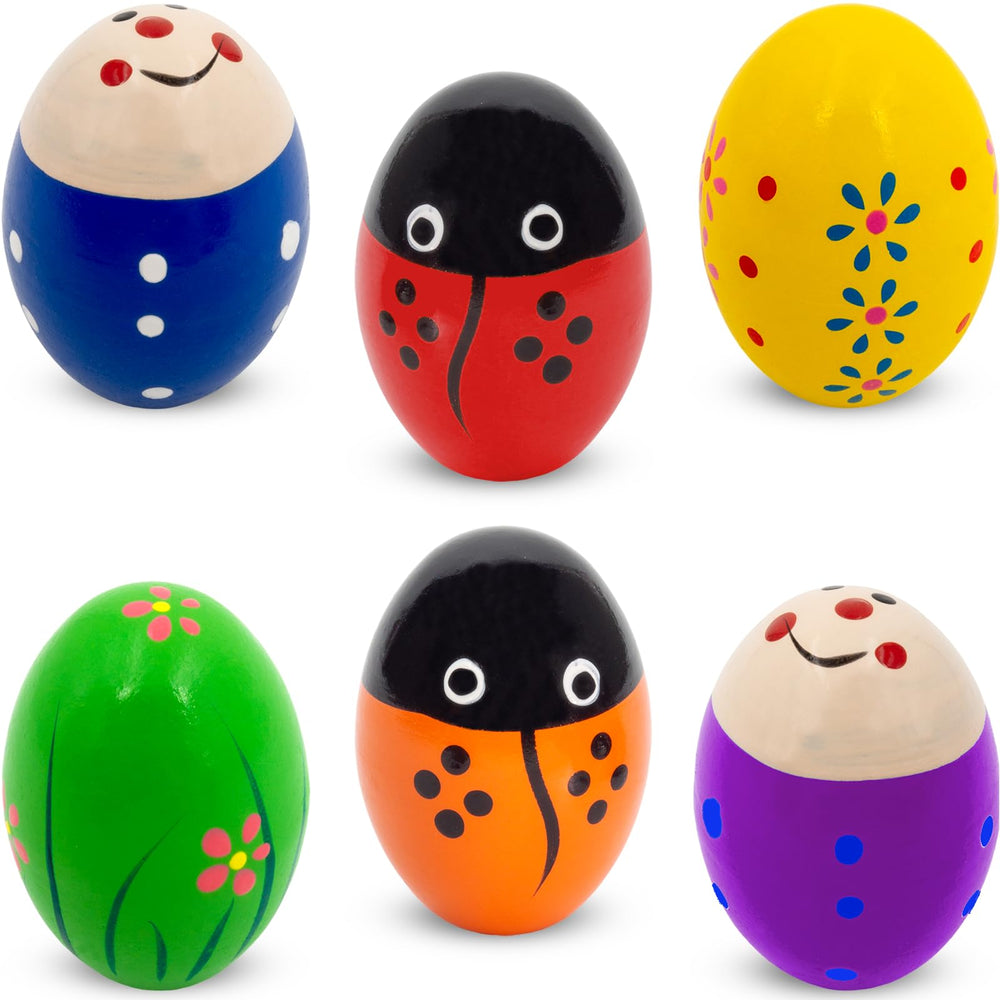 Homily wooden egg shaker with blue stripe supports toddler rhythm and hand-eye coordination.