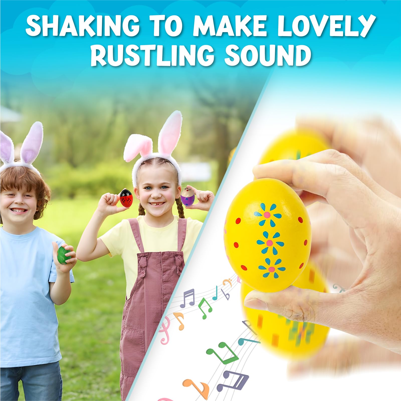 Homily wooden egg shaker with green dots encourages sharing sounds in group activities.