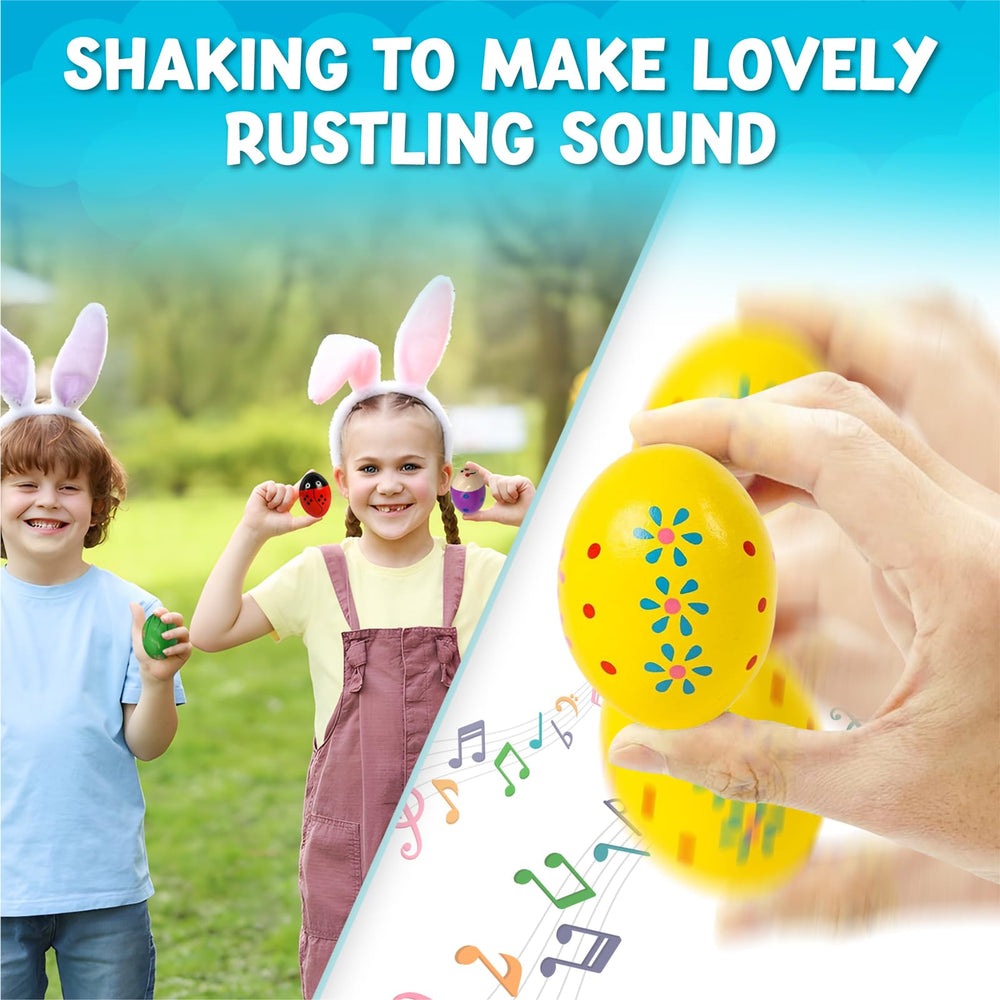 Homily wooden egg shaker with green dots encourages sharing sounds in group activities.