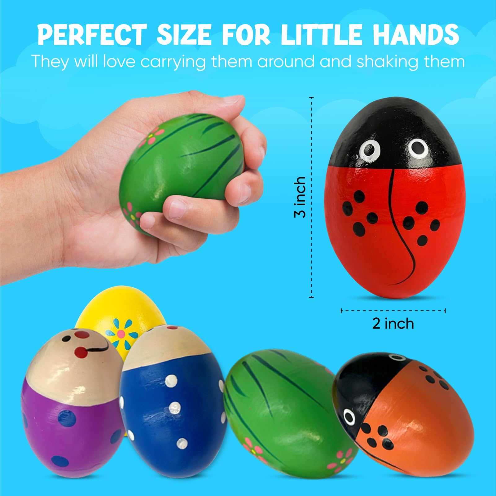 Homily wooden egg shaker with red polka dot invites playful music and focus.