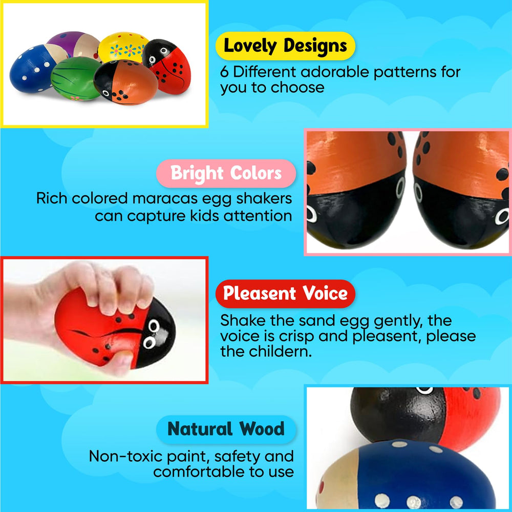 Homily wooden egg shaker with yellow sun pattern boosts color recognition during play.