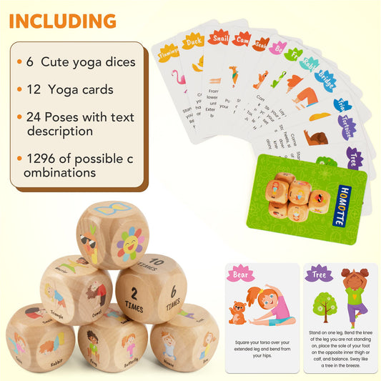 Homotte kids yoga cards spread with playful poses and learning prompts.