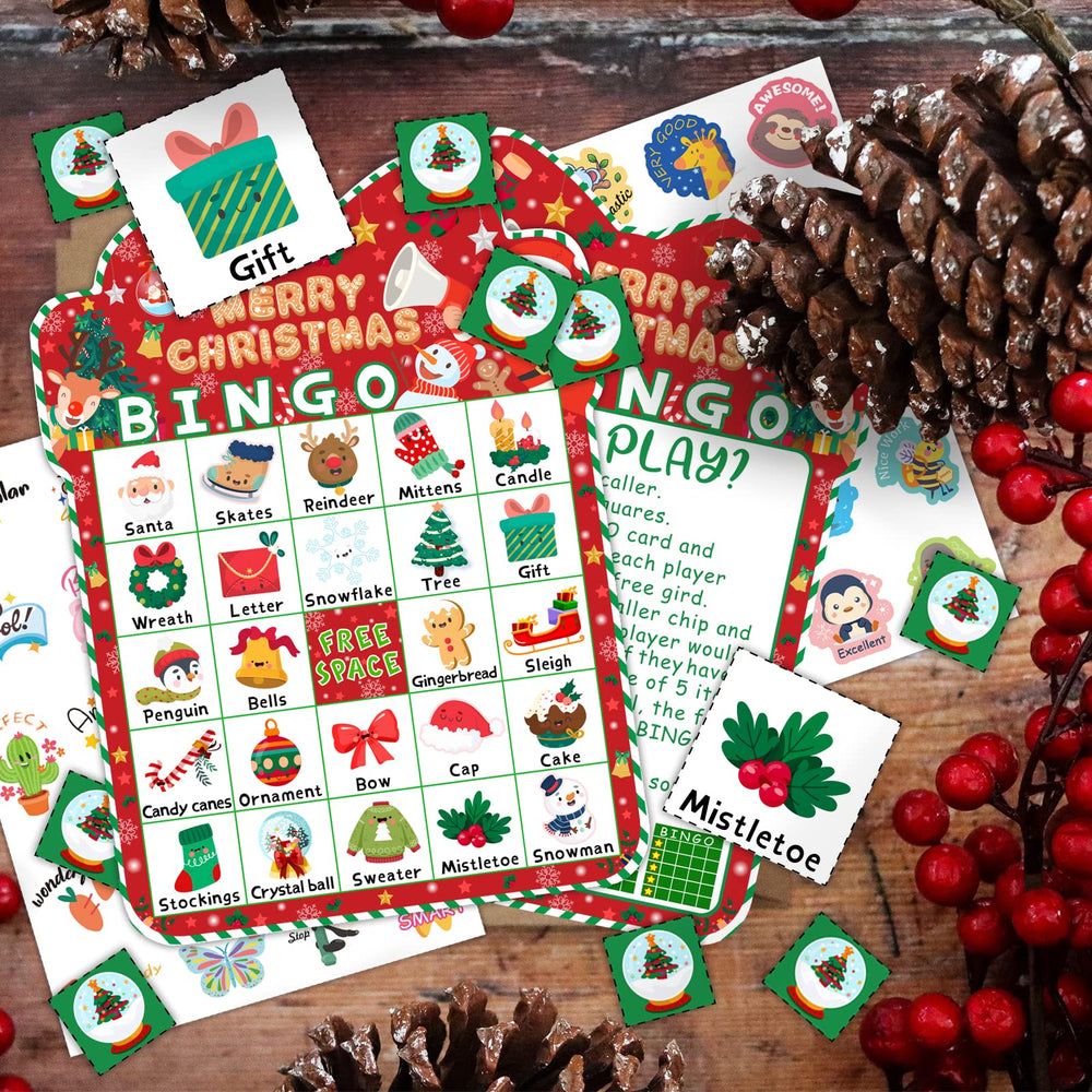 HomSeon Christmas Bingo festive designs featuring Santa, reindeer, and snowman for lively sessions.